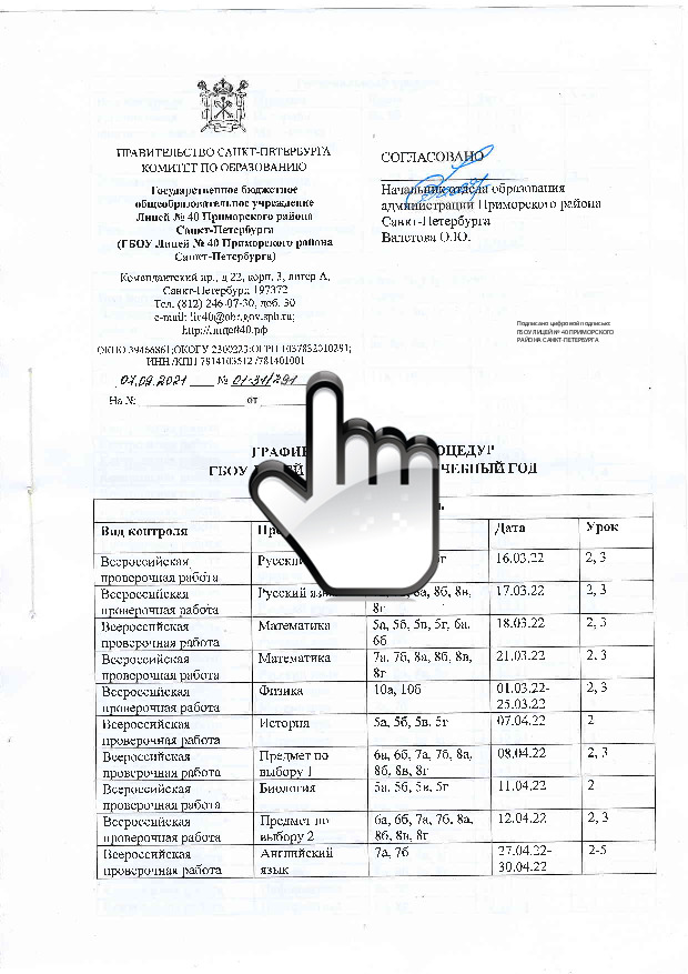 График оценочных процедур ГБОУ Лицей № 40 Приморского района на 2021-2022 учебный год 